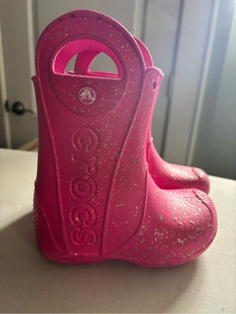 CROCS Glitter Pink Handle Rain Boots 10T